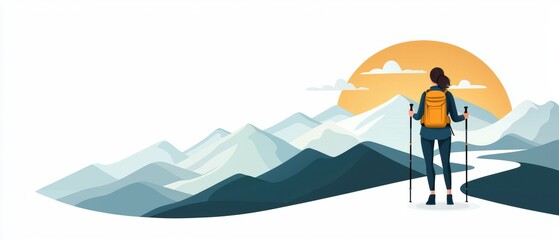 Fototapeta premium A hiker with poles stands on a path overlooking a mountain landscape and sunset, symbolizing adventure and exploration.
