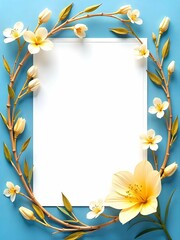 Floral frame with white and yellow flowers on a blue background, centered around a blank white card