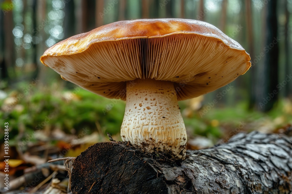 Poster a close-up view of a vibrant mushroom growing on a decaying log in a lush forest. surrounded by gree