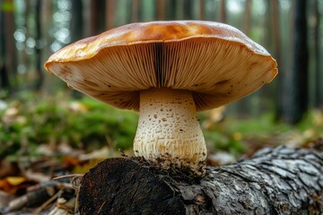 Fototapeta premium A close-up view of a vibrant mushroom growing on a decaying log in a lush forest. surrounded by greenery. showcasing the intricate gills and cap details