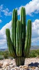 A tall saguaro cactus reaches towards the sky, its green arms stretching dramatically against a backdrop of fluffy white clouds. Desert scenery enhances its beauty