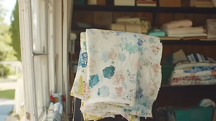 Printed fabric hanging in front of a window displaying shelving
