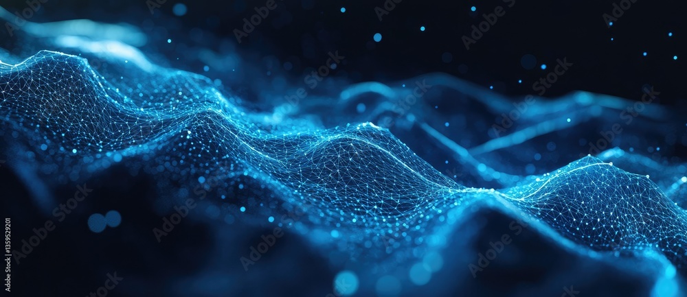 Poster abstract representation of flowing digital waves in blue tones. showcasing interconnected data point