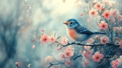 Obraz premium Serene Bird Spring Blossoms Pastel Nature