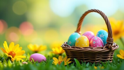 Colorful easter eggs in a wicker basket on a blooming flower field, vibrant, holiday, decoration