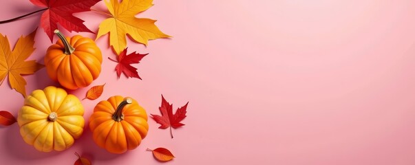 Colorful fall foliage and pumpkins on soft pink surface, pink, composition, background