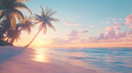 Palm Trees Silhouette in Serene Sunset Tropical Beach at Golden Hour