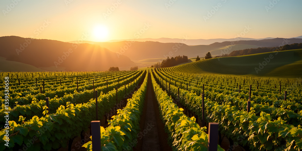 Poster a golden sunset illuminates rows of vibrant grape vines in a tranquil vineyard, with rolling hills c