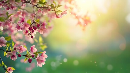 Vibrant spring background with blooming flowers, lush green grass, and soft sunlight &ndash; perfect for seasonal designs, nature themes, and fresh outdoor concept