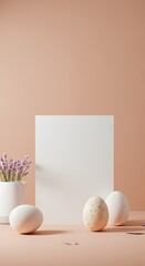 Elegant postcard with spring flowers in vase and Easter eggs stylish invitation mockup with trendy pastel shades invitation suitable for festive greetings invitation highlights minimal aesthetic style