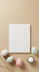 Stylish blank postcard mockup surrounded by festive pastel eggs postcard for easter invitation or spring greeting postcard template fits minimal style postcard enhances trendy seasonal decor.