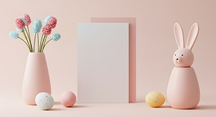 Pastel postcard mockup accompanied by Easter rabbit and vase with flowers postcard perfect for spring festive invitation postcard provides trendy minimal vibes postcard inspires seasonal decor.