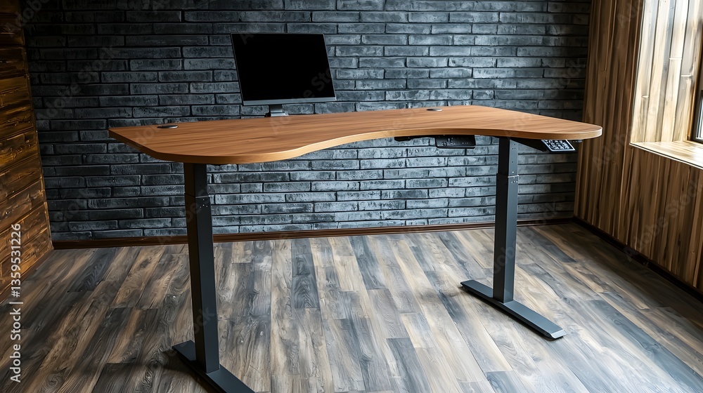 Poster modern adjustable desk with computer setup ideal for productive work environment and ergonomic solut
