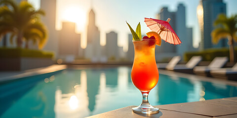 A refreshing cocktail sits by a luxurious pool at sunset, featuring a tropical umbrella, fruit garnishes, and a stunning city skyline in the background