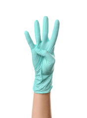 Female hand in medical glove showing four fingers on white background