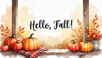 Cozy autumn scene with pumpkins and plaid blanket on porch, fall warmth