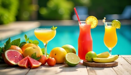 Colorful fruits and drinks on a poolside table, ideal for summer party promotions, fruits, party
