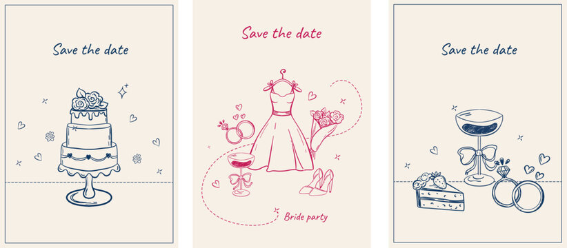 Set of three minimalist cards featuring wedding-themed sketches. Includes a wedding cake, bridal dress, bouquet, shoes, rings, champagne glasses, and cake slices surrounded by decorative elements