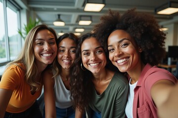 Fototapeta premium Empowered Businesswomen Showcasing Diversity and Collaboration through Office Selfie