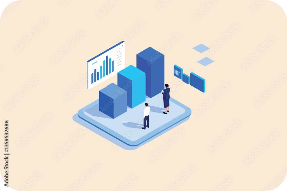 Aufkleber isometric data analysis with figures and bar graphs on platform