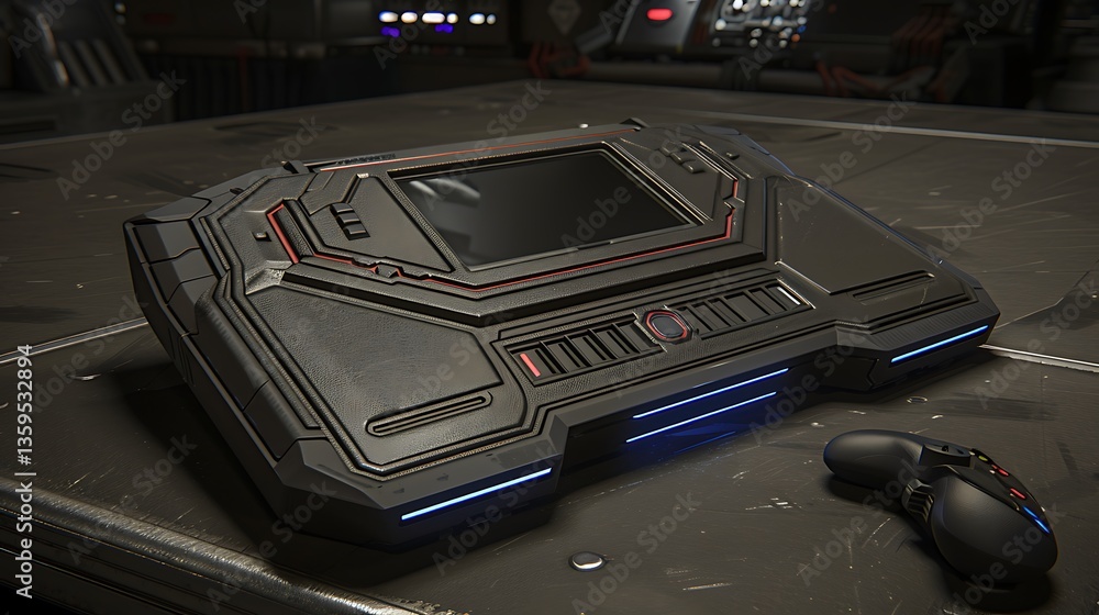 Poster a futuristic looking console device and a wireless mouse