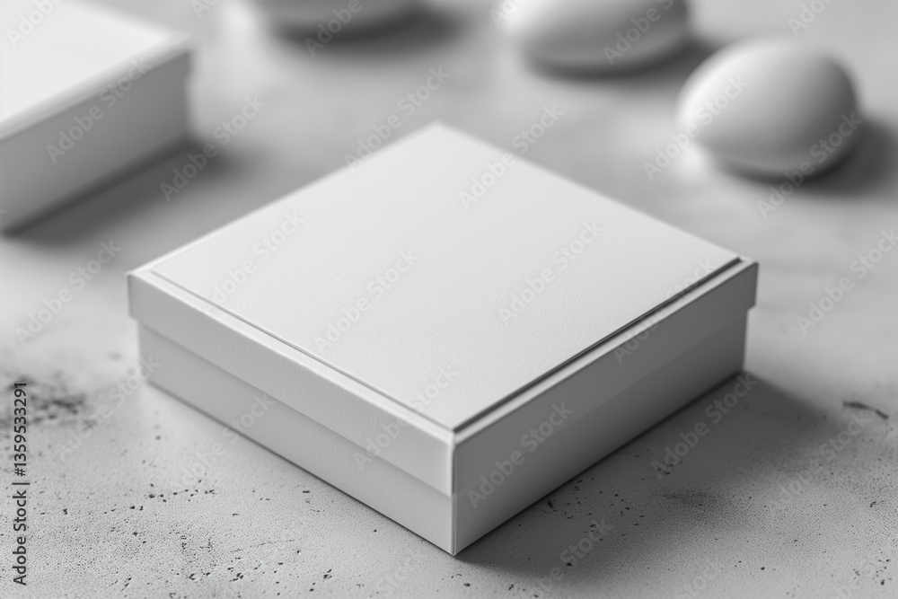 Poster a minimalist white gift box with a sleek design resting on a textured surface with subtle shadows.