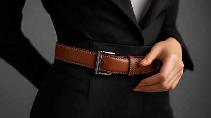 Elegant brown leather belt worn by a business professional in a tailored suit