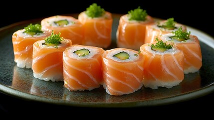 Gourmet Sushi Roll with Salmon and Edible Flowers, A beautifully arranged sushi roll topped with salmon and garnished with edible flowers on a dark plate
