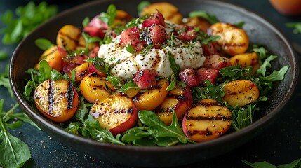 Grilled Peach and Burrata Salad with Arugula and Pomegranate Summer Recipe