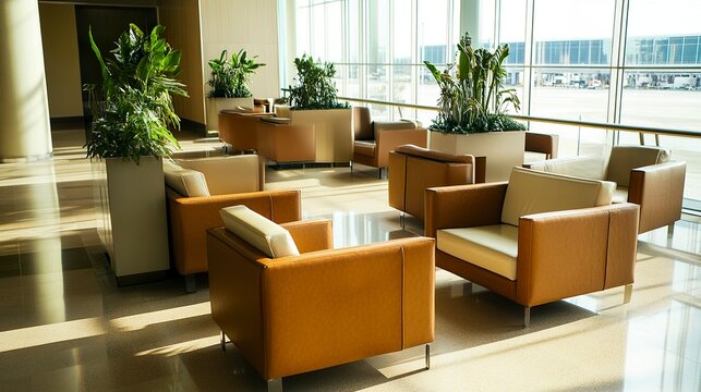 Contemporary luxury airport lounge with expansive seating, sophisticated design, and exclusive amenities such as spa services and personalized attention.  