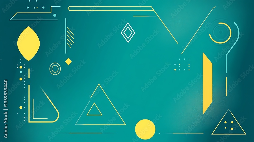 Poster geometric shapes and lines are displayed on a teal gradient background