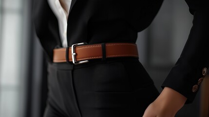 Close-up of a stylish woman in a black suit with a brown leather belt accentuating her waist