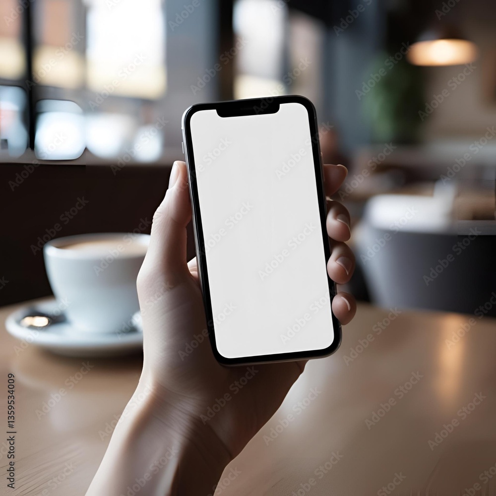 Poster hand holding smartphone with blank white screen in cozy café setting mockup for app or website displ