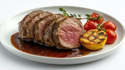 Grilled beef tenderloin served with cherry tomatoes and grilled lemon on a white plate