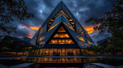 Fototapeta premium Modern Skyscraper Sunset City Architecture Glass Building Night Lights