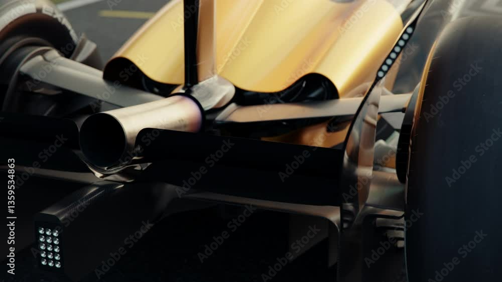 Aufkleber close-up of the rear and tail wing of a generic formula one race car. 3d animation rendering. new 20