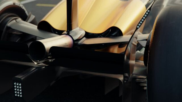 Close-up of the rear and tail wing of a generic formula one race car. 3D animation rendering. New 2025 black and gold race car design