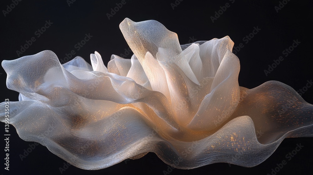 Poster ethereal white fabric waves with soft lighting on dark background for artistic or abstract use