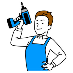 インパクトドライバーを構えるエプロン姿の男性