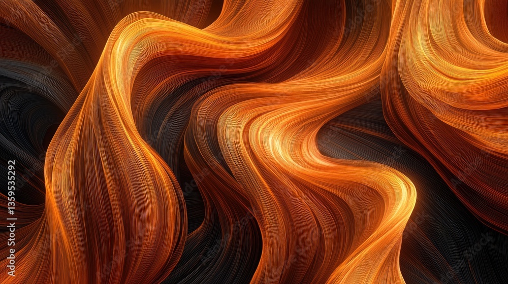 Poster vibrant flowing abstract swirls of orange and black with smooth gradients and textures in digital ar