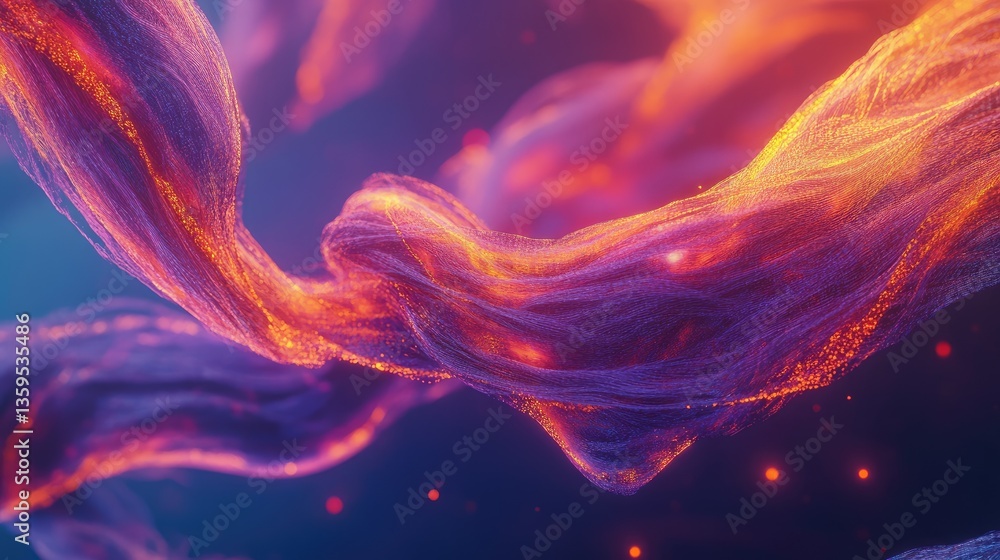 Poster abstract fluid motion in vibrant colors with soft light and glowing particles for background design
