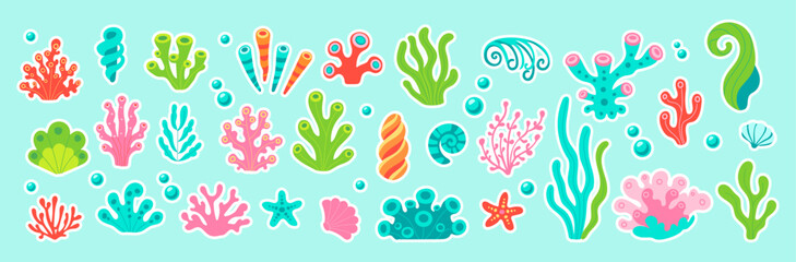 A collection of colorful sea plants and sea creatures. The plants are in various shapes and sizes, and the sea creatures are also diverse. Scene is cheerful and lively, with the bright colors