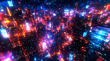 Fototapeta premium Digital metropolis stretching under a starry tech glow, vibrant nodes twinkling on skyscrapers, aerial sweep with reflective glass foreground. 