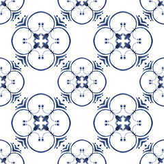 Watercolor decorative Mediterranean tiles elements pattern. Ornamental design for wrapping paper, textiles, postcards, stationery, borders