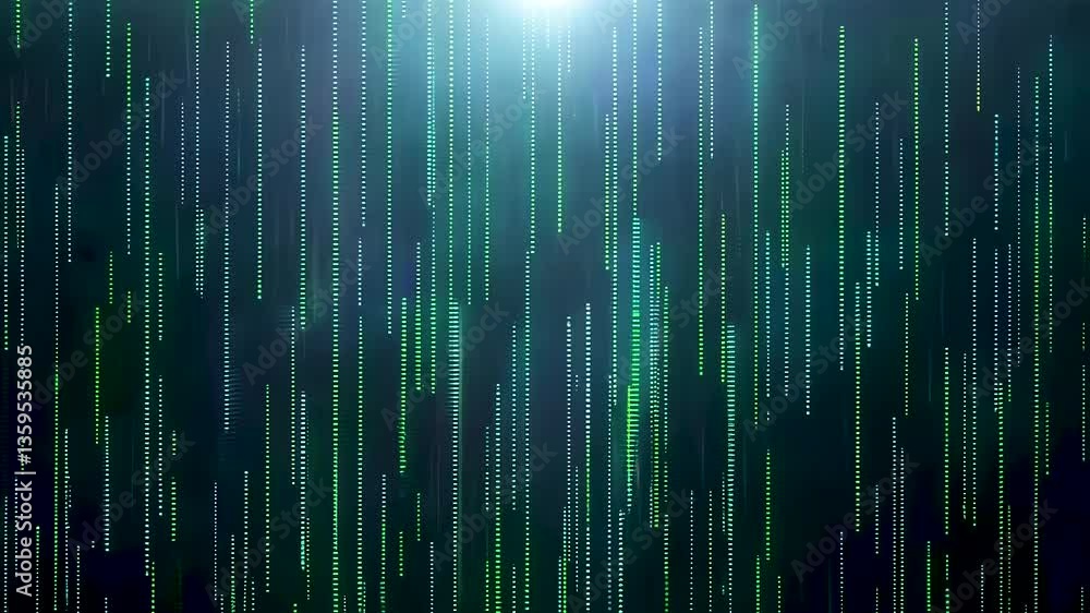 Wall mural digital rain visual effect with glowing lines and dark background