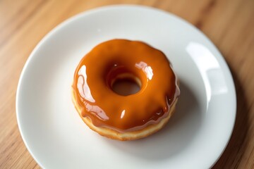 Indulge caramel glazed donut on white plate closeup