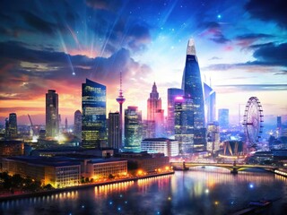 Fototapeta premium London Night Skyline Double Exposure, Cityscape Photography, Illuminated Buildings, Night View, Aerial View, Urban Photography, England