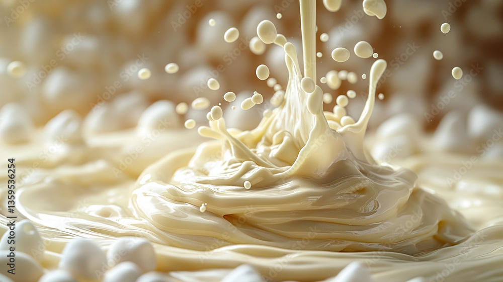 Poster close-up of white cream splashing elegantly against a soft background, creating a dynamic and creamy