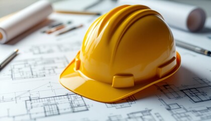 Yellow Hard Hat on Architectural Blueprints