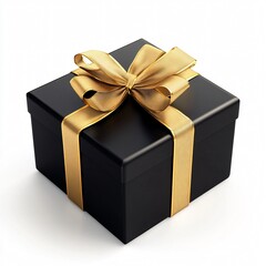 Obraz premium Elegant Black Gift Box with Luxurious Golden Ribbon on White Background. Generative AI